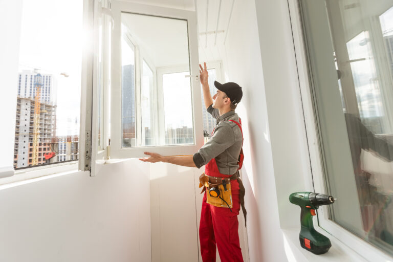 Worker sealing plastic window with caulk indoors. Installation process. High quality photo